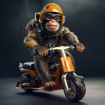 A monkey rides a motorcycle. The concept of riding a motorcycle