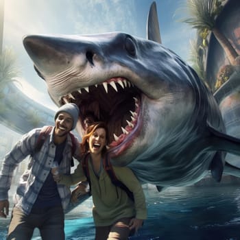 Joyful people take selfies with a huge shark. Rest