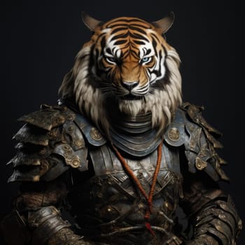 Harsh brutal tiger in samurai clothes on a dark background