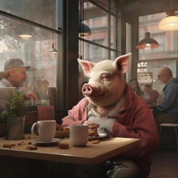 A big pig sits in a cafe among people. The concept of human characteristics