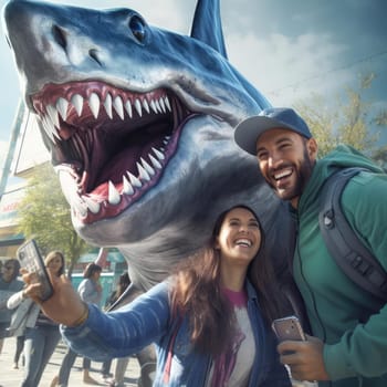 Joyful people take selfies with a huge shark. Rest