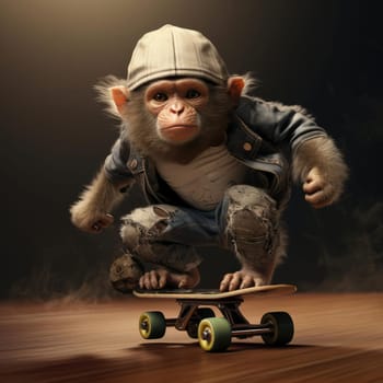 A monkey rides a skateboard through the city. Youth culture