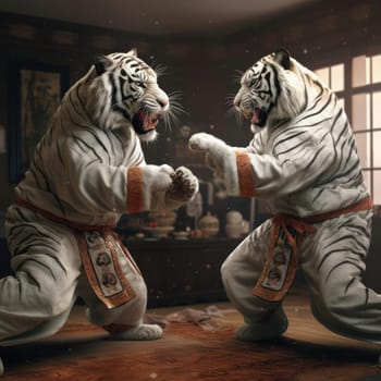 Two tigers fight on the tatami. Poster for martial arts school