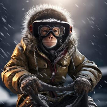 Monkey in winter in a down jacket. The concept of winter clothing