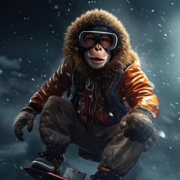 Monkey in winter in a down jacket. The concept of winter clothing