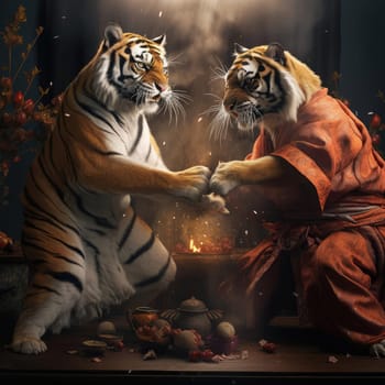 Two tigers fight on the tatami. Poster for martial arts school