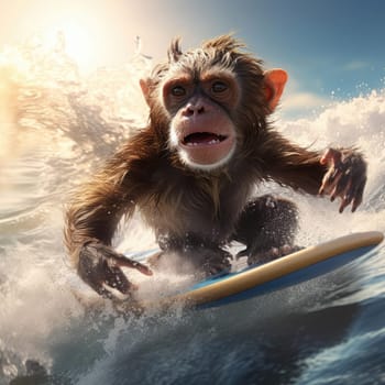 A monkey swims on a wave on a surfboard. Leisure concept