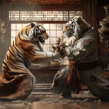 Two tigers fight on the tatami. Poster for martial arts school