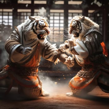 Two tigers fight on the tatami. Poster for martial arts school