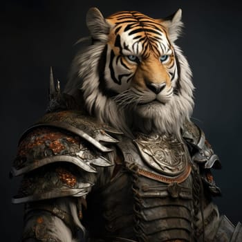 Harsh brutal tiger in samurai clothes on a dark background