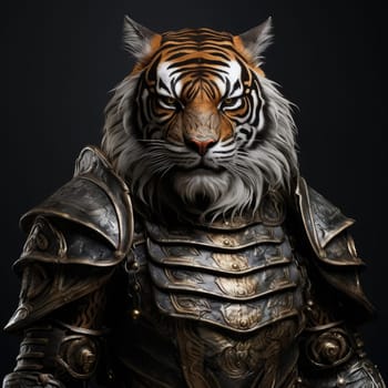 Harsh brutal tiger in samurai clothes on a dark background