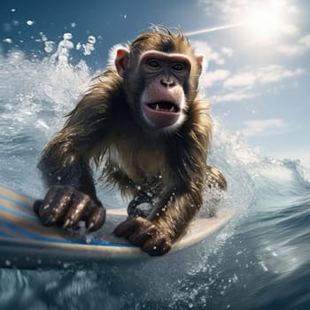 A monkey swims on a wave on a surfboard. Leisure concept