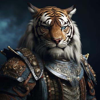 Harsh brutal tiger in samurai clothes on a dark background