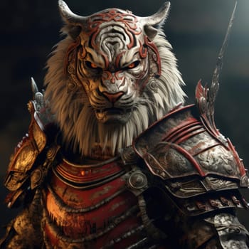 Harsh brutal tiger in samurai clothes on a dark background