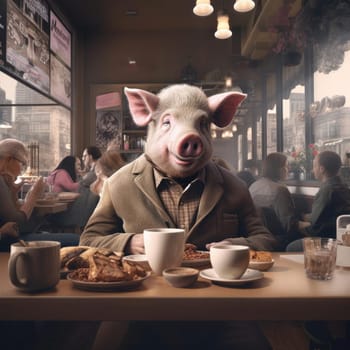 A big pig sits in a cafe among people. The concept of human characteristics