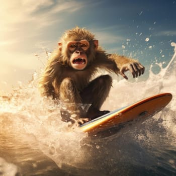 A monkey swims on a wave on a surfboard. Leisure concept