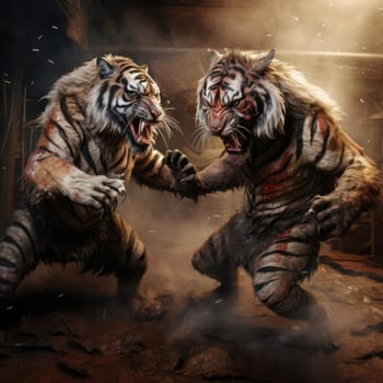 Two tigers fight on the tatami. Poster for martial arts school