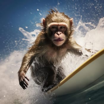 A monkey swims on a wave on a surfboard. Leisure concept