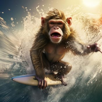 A monkey swims on a wave on a surfboard. Leisure concept