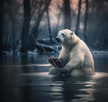 Polar bear fishing with a fishing rod. Poster for advertising a fish processing plant