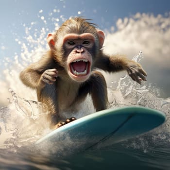 A monkey swims on a wave on a surfboard. Leisure concept