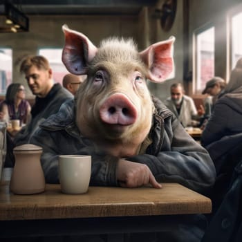 A big pig sits in a cafe among people. The concept of human characteristics