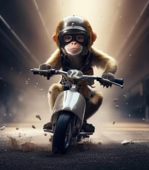 A monkey rides a motorcycle. The concept of riding a motorcycle