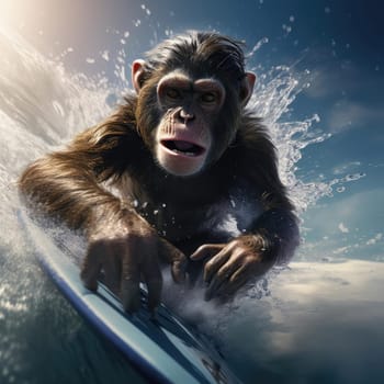 A monkey swims on a wave on a surfboard. Leisure concept