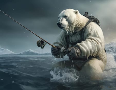 Polar bear fishing with a fishing rod. Poster for advertising a fish processing plant