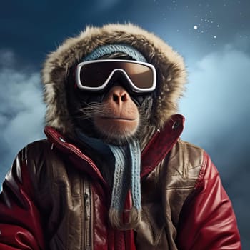 Monkey in winter in a down jacket. The concept of winter clothing