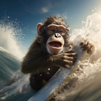 A monkey swims on a wave on a surfboard. Leisure concept