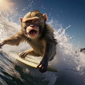 A monkey swims on a wave on a surfboard. Leisure concept