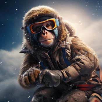 Monkey in winter in a down jacket. The concept of winter clothing