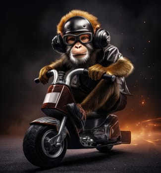 A monkey rides a motorcycle. The concept of riding a motorcycle