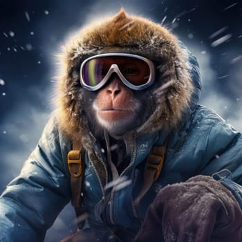 Monkey in winter in a down jacket. The concept of winter clothing