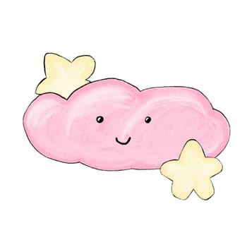 Hand drawn illustration of pink cute cloud with yellow night stars. Funny nursery design for kids children, simple minilamist character anture sleeping baby room poster decor