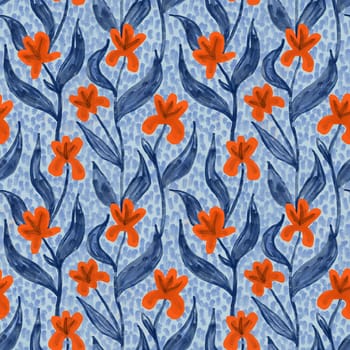 Hand drawn seamless pattern with orange blue flower floral elements, ditsy summer spring botanical nature print, bloom blossom stylized petals. Retro vintage fabric design, cute dots nature
