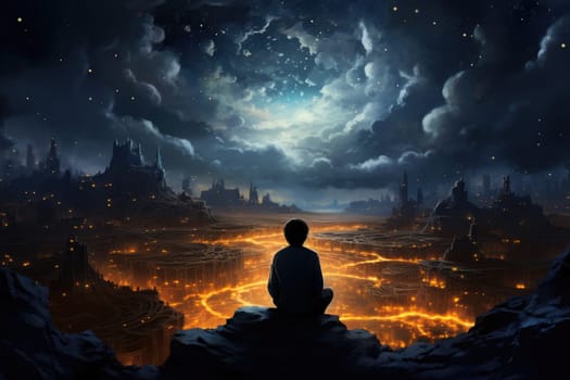 A boy stands in a room with a starry sky in the style of transcendental dreaming. Generative AI.