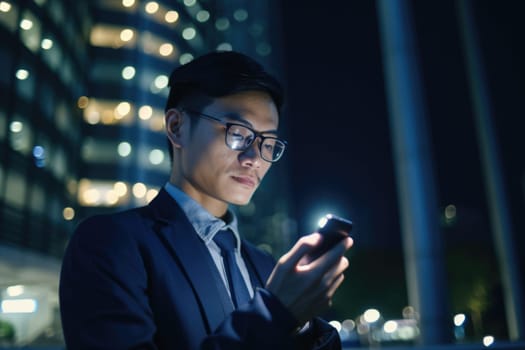 Wide angle shot of a young chinese japanese businessman executive using mobile phone with background of modern office buildings at night. Generative AI AIG18.