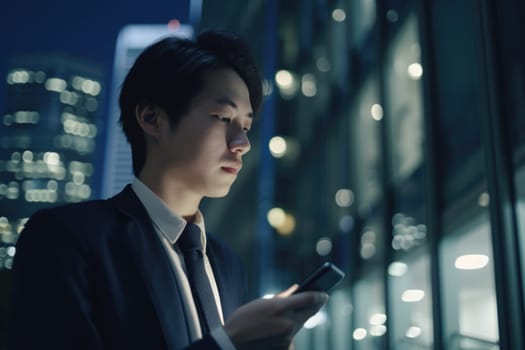 a young chinese Japanese businessman executive using mobile phone with background of modern office buildings at night Generative AI AIG18.