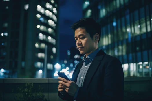 Wide angle shot of a young chinese japanese businessman executive using mobile phone with background of modern office buildings at night. Generative AI AIG18.