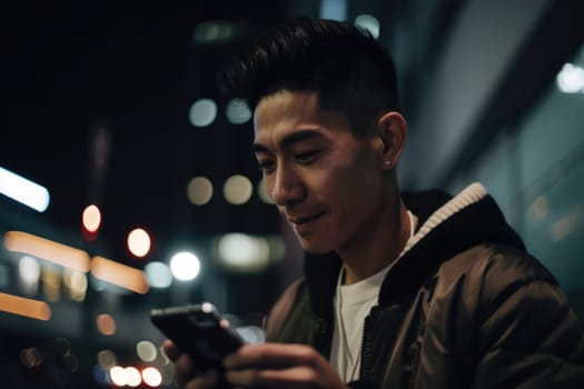 Low angle shot of a young chinese japanese man trendy clothes using mobile phone with background of urban city street at night. Generative AI AIG18.