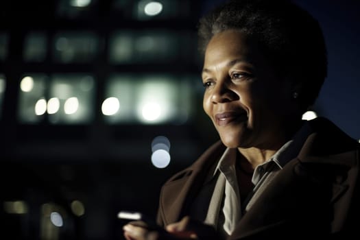 Wide angle shot of a senior african-american businesswoman executive using mobile phone with background of modern office buildings at night. Generative AI AIG18.