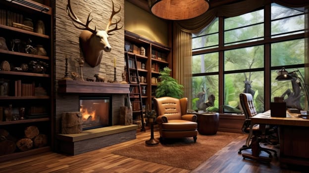 Inspiring office interior design Rustic style Home office featuring Fireplace architecture. Generative AI AIG 31.