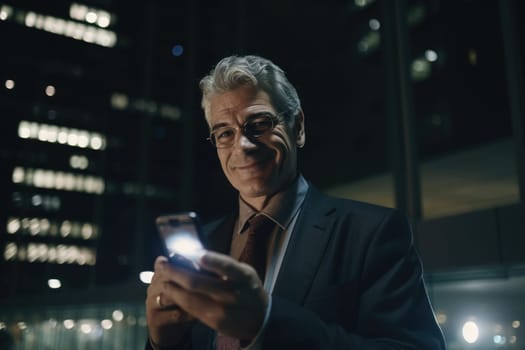 Wide angle shot of a senior caucasian businessman executive using mobile phone with background of modern office buildings at night. Generative AI AIG18.