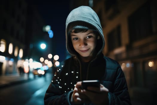 Wide angle shot of a young caucasian 10-year-old little boy trendy clothes using mobile phone with background of urban city street at night. Generative AI AIG18.