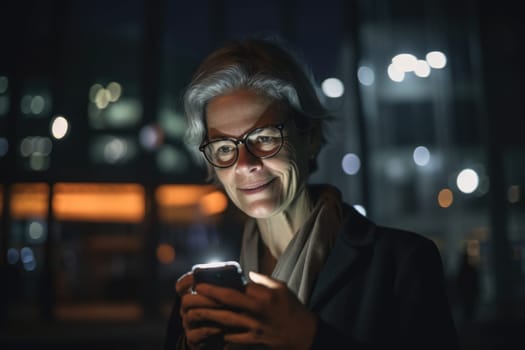 a senior caucasian businesswoman executive using mobile phone with background of modern office buildings at night Generative AI AIG18.