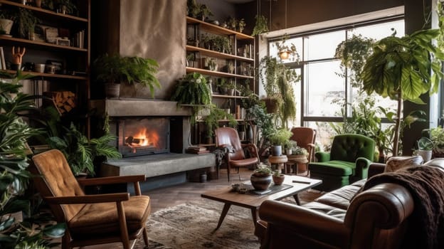 Inspiring office interior design Rustic style Co-working featuring Fireplace architecture. Generative AI AIG 31.