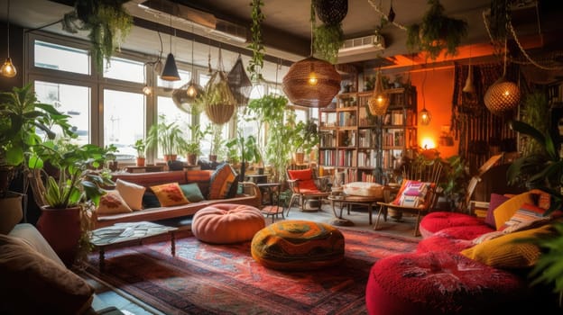 Inspiring office interior design Bohemian style Co-working featuring Eclectic vibe architecture. Generative AI AIG 31.