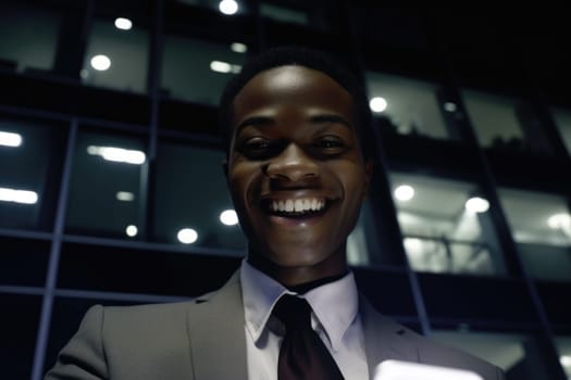 a young african-american businessman executive using mobile phone with background of modern office buildings at night Generative AI AIG18.
